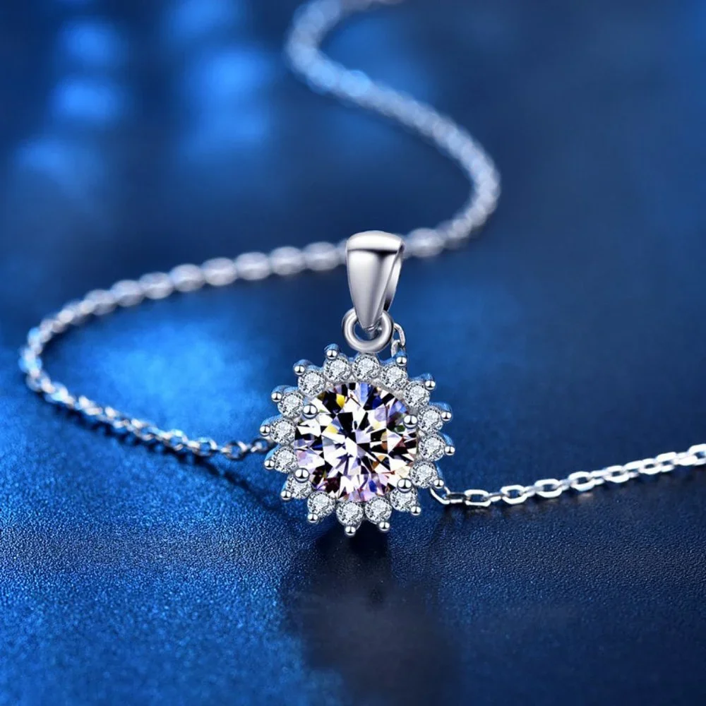 Certified 1ct. t.w. Moissanite Diamond Sunflower Halo Necklace NEW B